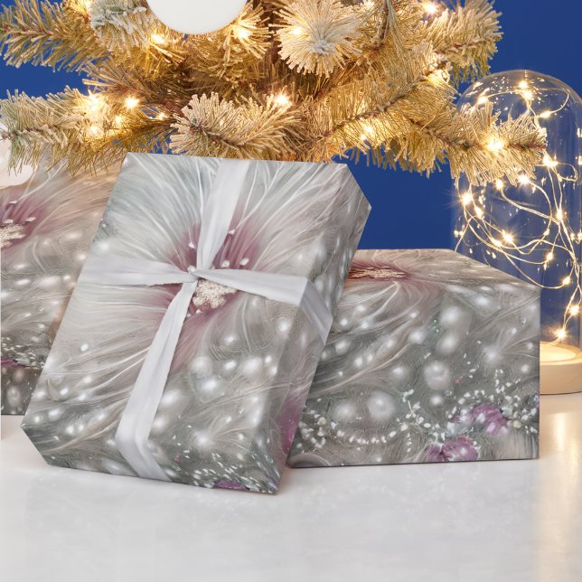 Papier Cadeau Elégant argent et perle rouge Perle de Noël Floral (Vacances)