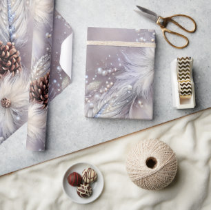 Papier Cadeau Élégant Argent & Pine perlé Noël Floral