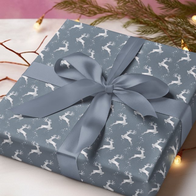 Papier Cadeau Élégant Argent Reindeer Bleu Noël (Créateur téléchargé)