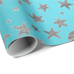 Papier Cadeau Elégant Argent Stars Lune Turquoise Aquamarine