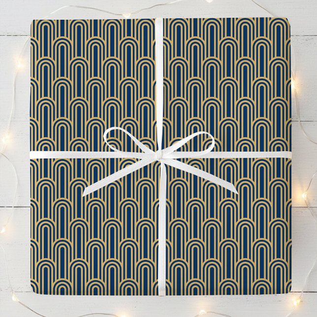 Papier Cadeau Elegant Art Deco Pattern Arches Navy Gold Chic (Créateur téléchargé)