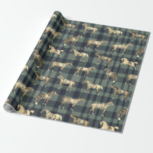 Papier Cadeau Élégant beige vintage chevaux sellés carreaux bleu