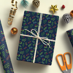 Papier Cadeau Elégant Berry de Noël et feuille Motif Marine Bleu