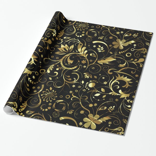 Papier Cadeau Elegant Black And Gold Floral Damas (Déroulé)