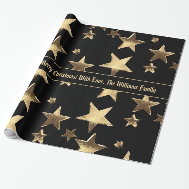 Papier Cadeau Élégant Black and Gold Stars Motif Noël (Déroulé)