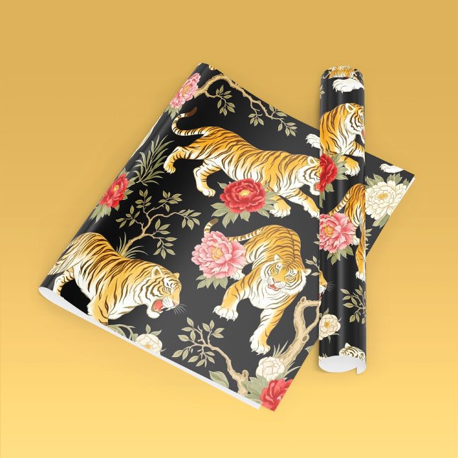 Papier Cadeau Elegant Black Chinoiserie Tiger and Peony Pattern (Créateur téléchargé)