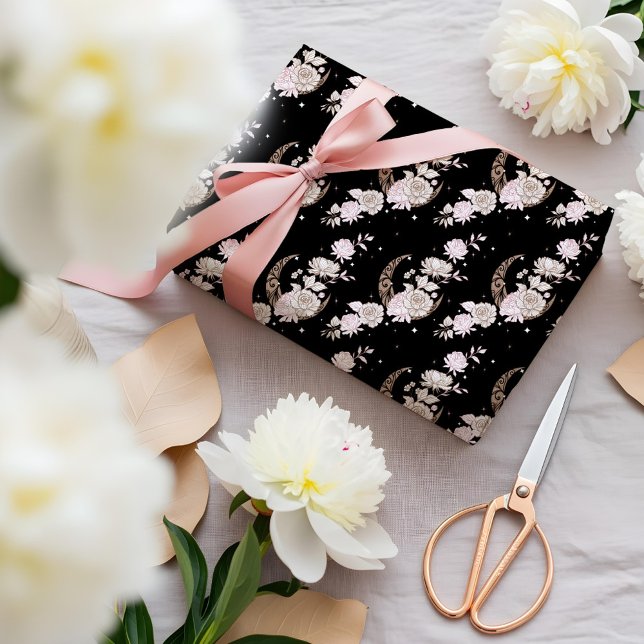 Papier Cadeau Elegant Black Floral Peony Celestial Moon & Stars (Elegant Black Floral Peony Celestial Moon & Stars Wrapping Paper)