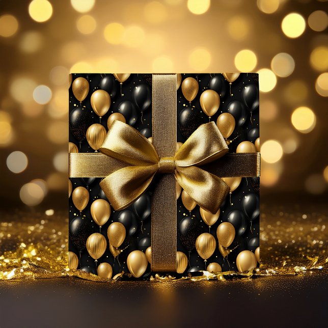 Papier Cadeau Elégant Black Gold Parties scintillant Ballons Mot (Elegant and Festive Black and Faux Gold Glitter Balloons Pattern A022 Wrapping Paper)
