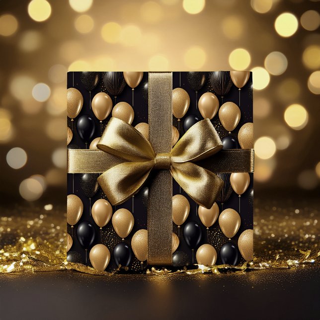 Papier Cadeau Elégant Black Gold Parties scintillant Ballons Mot (Elegant and Festive Black and Faux Gold Glitter Balloons Pattern A025 Wrapping Paper)