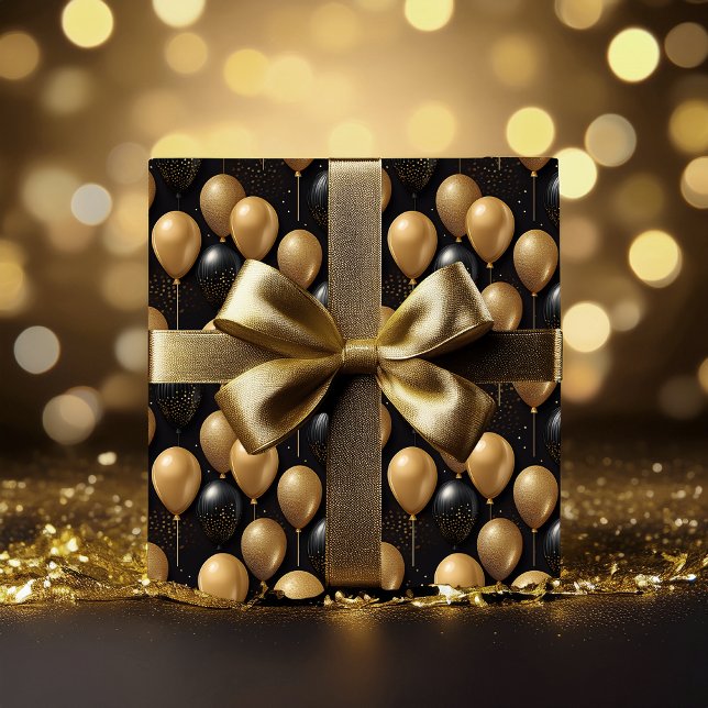Papier Cadeau Elégant Black Gold Parties scintillant Ballons Mot (Elegant and Festive Black and Faux Gold Glitter Balloons Pattern A024 Wrapping Paper)