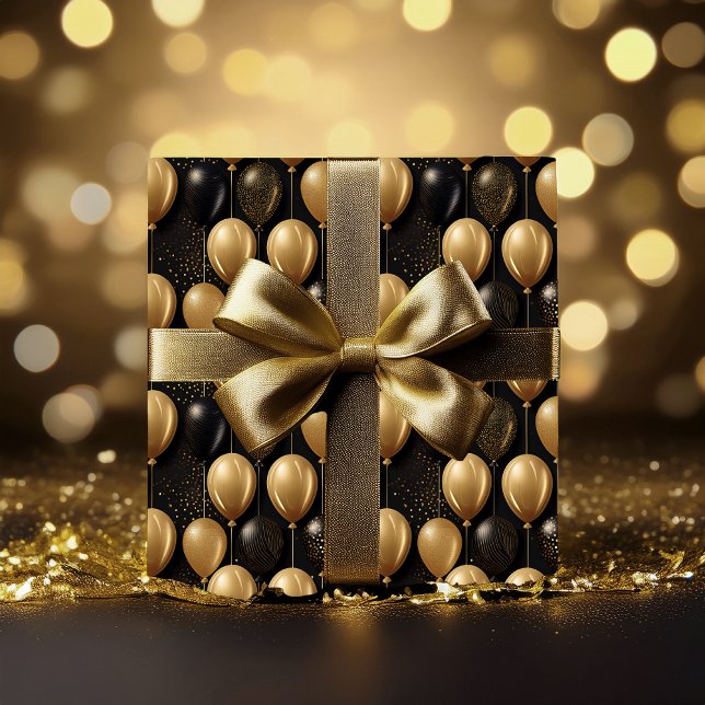 Papier Cadeau Elégant Black Gold Parties scintillant Ballons Mot (Elegant and Festive Black and Faux Gold Glitter Balloons Pattern A023 Wrapping Paper )