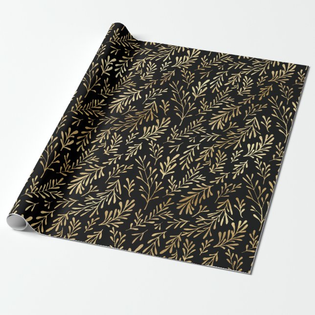 Papier Cadeau Elégant Black Gold Shimmer Botanical Leaf Annivers (Déroulé)