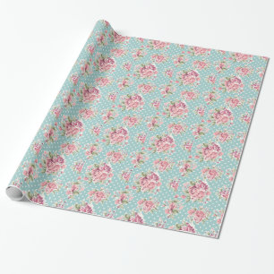 Papier Cadeau Élégant blanc bleu chic minable floral de pois