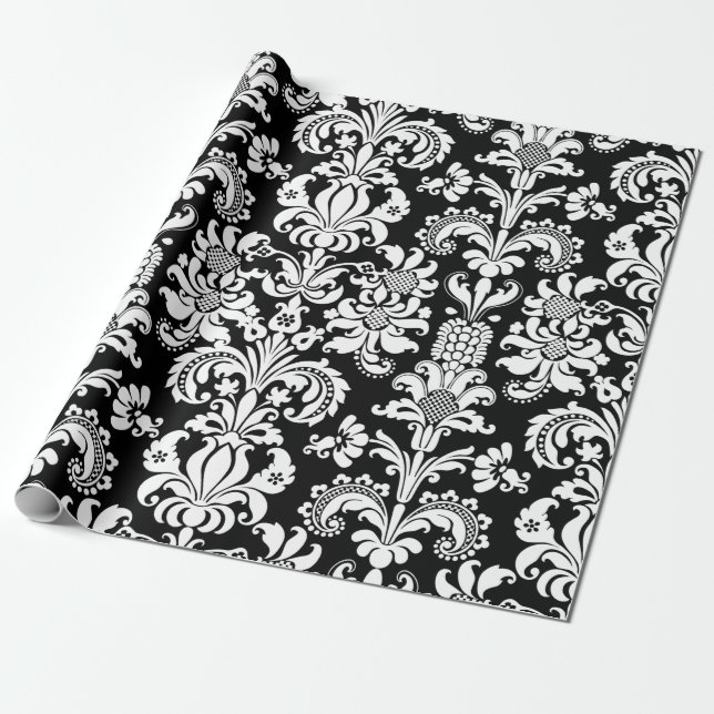 Papier Cadeau Elégant blanc floral damas noir Arrière - plan (Déroulé)