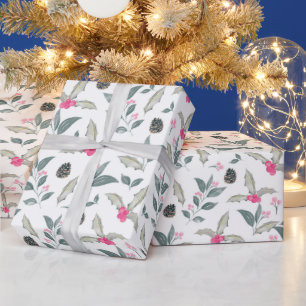 Papier Cadeau Elégant blanc hiver floral Aquarelle Noël