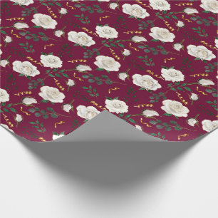 Papier Cadeau Elégant Blanc Vintage Roses Rouge Botanique