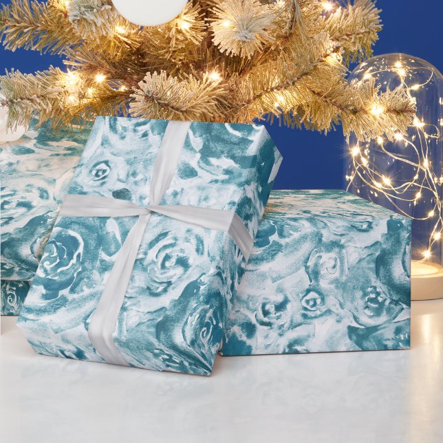 Papier Cadeau Elégant bleu Abstrait Floral Roses (Vacances)