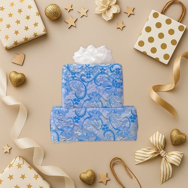 Papier Cadeau Elégant bleu argenté Paisley Floral (Créateur téléchargé)