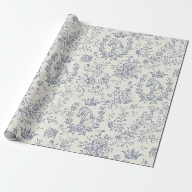 Papier Cadeau Elégant Bleu Chic Beige Equestre Toile Florale (Déroulé)