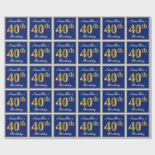 Papier Cadeau Elégant, Bleu, Faux Gold 40e anniversaire + Nom