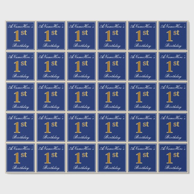 Papier Cadeau Elégant, Bleu, Faux Or 1er Anniversaire ; Nom pers (Plat)