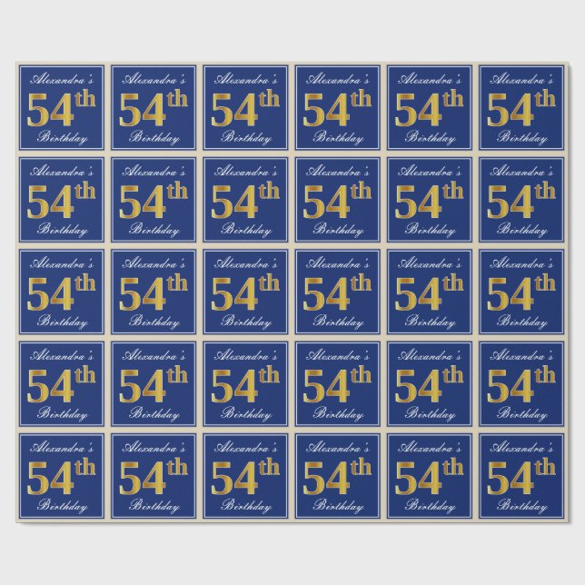Papier Cadeau Elégant, Bleu, Faux Or 54ème Anniversaire + Nom (Plat)