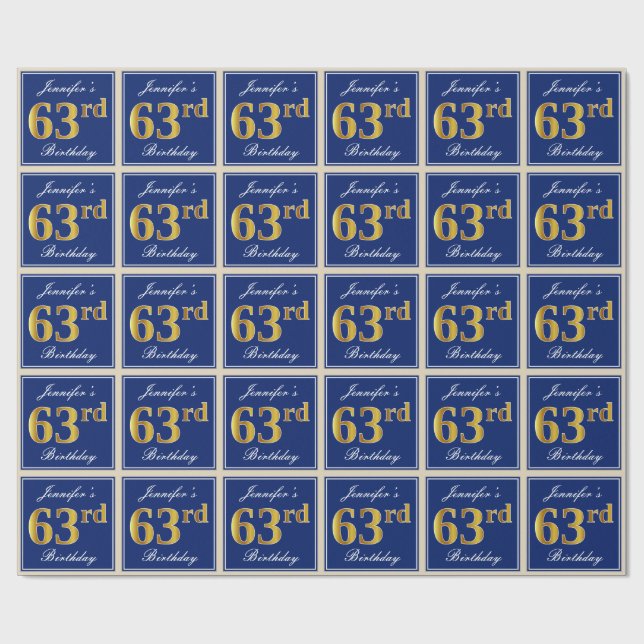 Papier Cadeau Elégant, Bleu, Faux Or 63ème Anniversaire + Nom (Plat)