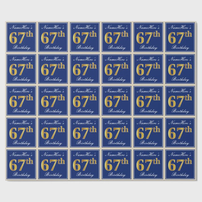 Papier Cadeau Elégant, Bleu, Faux Or 67ème Anniversaire + Nom (Plat)
