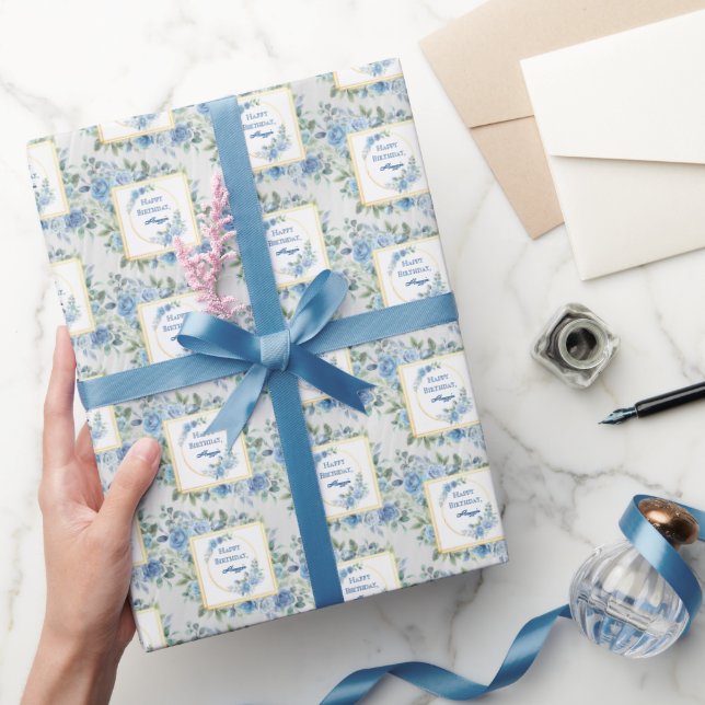 Papier Cadeau Elégant bleu floral joyeux nom d'anniversaire (Cadeaux)