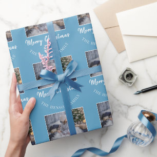 Papier Cadeau Élégant Bleu Joyeux Noël Écriture Photo de Famille