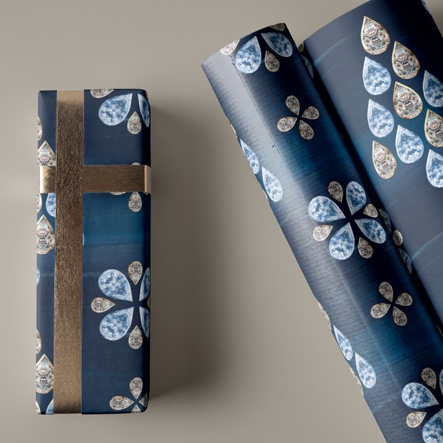 Papier Cadeau Elégant bleu marine Aquarelle Bijoux de Noël (Elegant Navy Blue Watercolor Jewels Christmas tree Wrapping Paper)