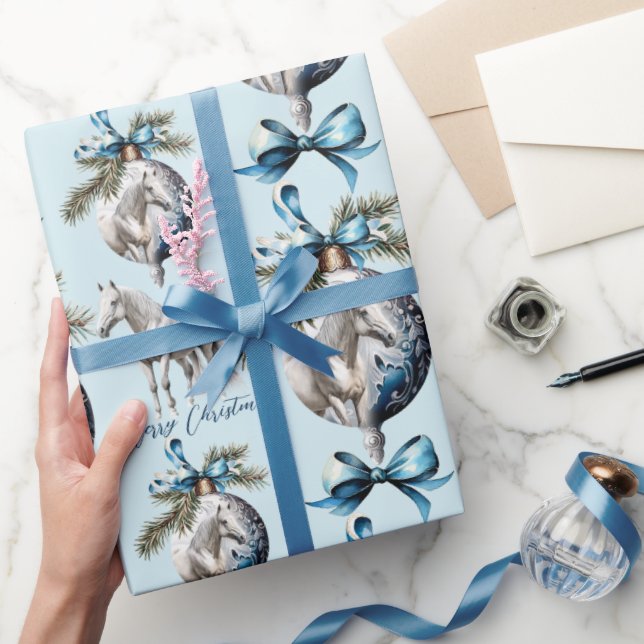 Papier Cadeau Élégant bleu Noël blanc cheval équestre (Cadeaux)