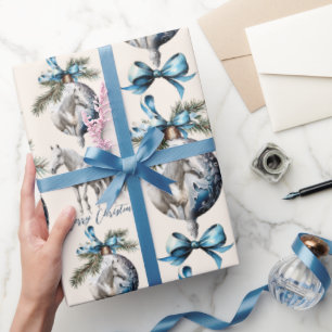 Papier Cadeau Élégant bleu Noël blanc cheval équestre