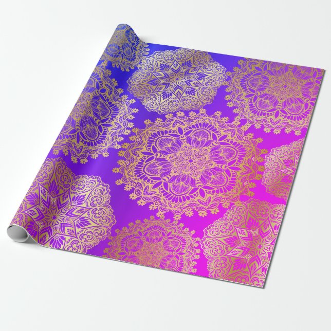 Papier Cadeau Elégant bleu or violet rose mandala Motif (Déroulé)