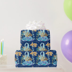 Papier Cadeau Élégant bleu pailleté or sous la mer 