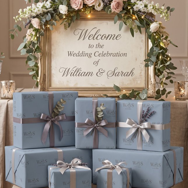 Papier Cadeau Élégant bleu poussiéreux initial couples de mariag (Créateur téléchargé)