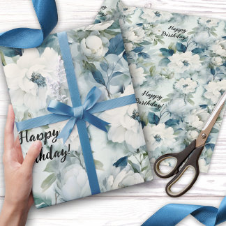 Papier Cadeau Elégant bleu Vintage Floral Anniversaire