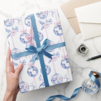 Papier Cadeau Elegant Blue & Pink Toile Christmas Ornaments Wrap