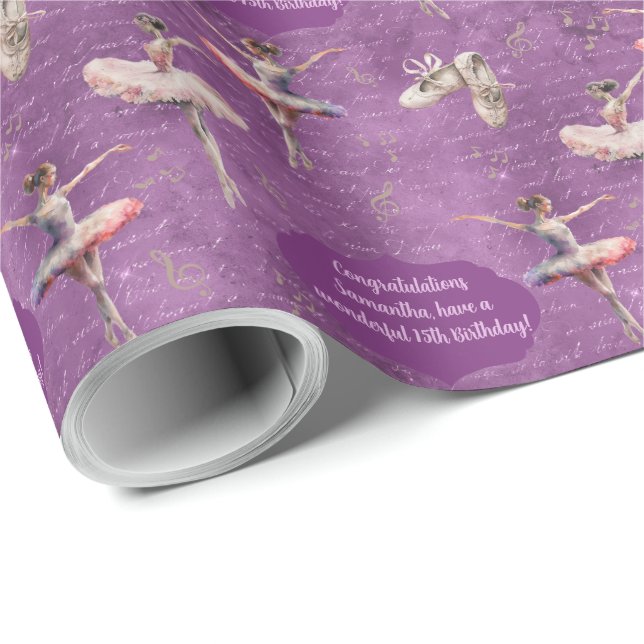 Papier Cadeau Élégant Blush Pink Purple Nom Age Texte Ballerina (Coin rond)