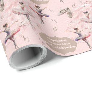 Papier Cadeau Elégant Blush Pink Silver Nom Age Texte Ballerina
