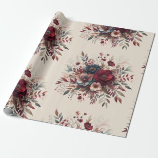Papier Cadeau Elégant Boho Bourgogne Rustique Bleu et Motif roug