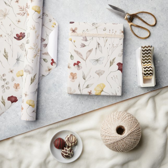 Papier Cadeau Élégant Boho Fleurs SauvagesFeuillage  (Artisanat)