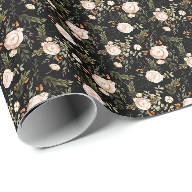 Papier Cadeau Elégant Boho Floral Black Terracotta (Coin rond)