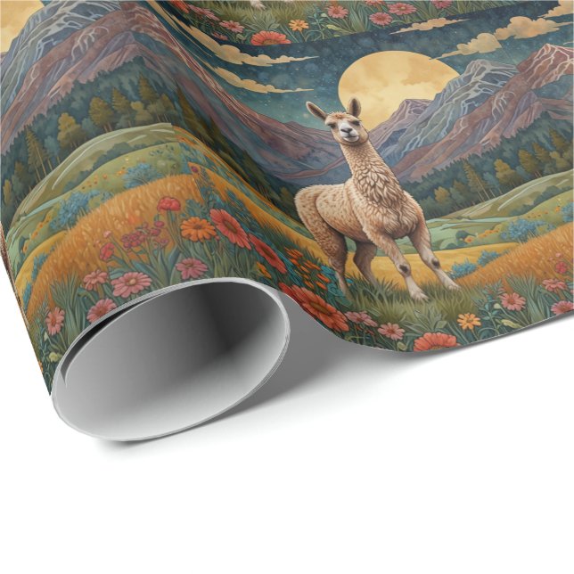 Papier Cadeau Elégant boho llama alpaga paysage vintage (Coin rond)