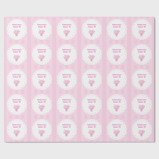 Papier Cadeau Élégant Bouquet Floral de Quinceañera | Rose et Bl (Plat)