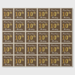 Papier Cadeau Elégant, Brown, Faux Gold 10e anniversaire + Nom