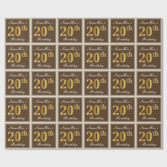 Papier Cadeau Elégant, Brown, Faux Gold 20e anniversaire + Nom (Plat)