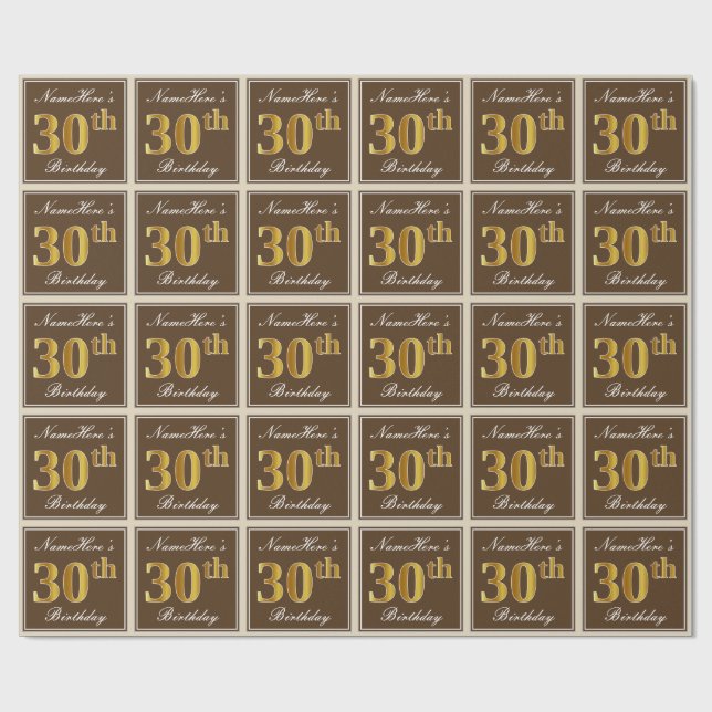 Papier Cadeau Elégant, Brown, Faux Gold 30e anniversaire + Nom (Plat)