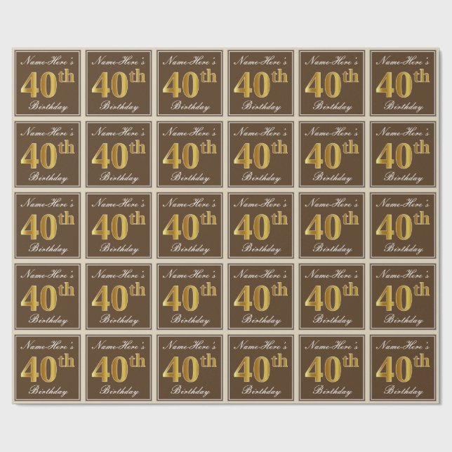 Papier Cadeau Elégant, Brown, Faux Gold 40e Anniversaire + Nom (Plat)