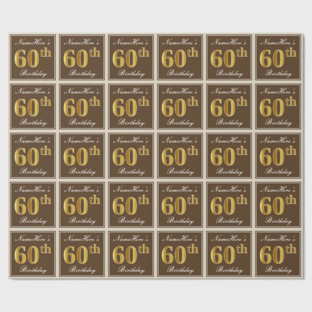 Papier Cadeau Elégant, Brown, Faux Gold 60e anniversaire + Nom (Plat)